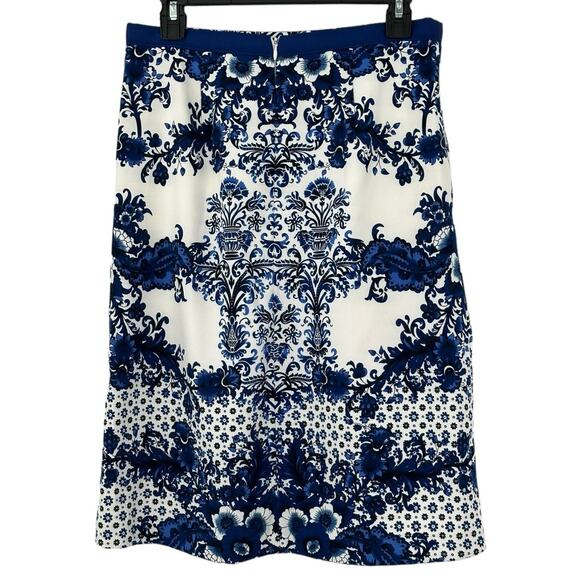 Mario Serrani Skirt Womens 4 A Line Blue White Geo Pockets Stretch Office Work - Picture 2 of 5
